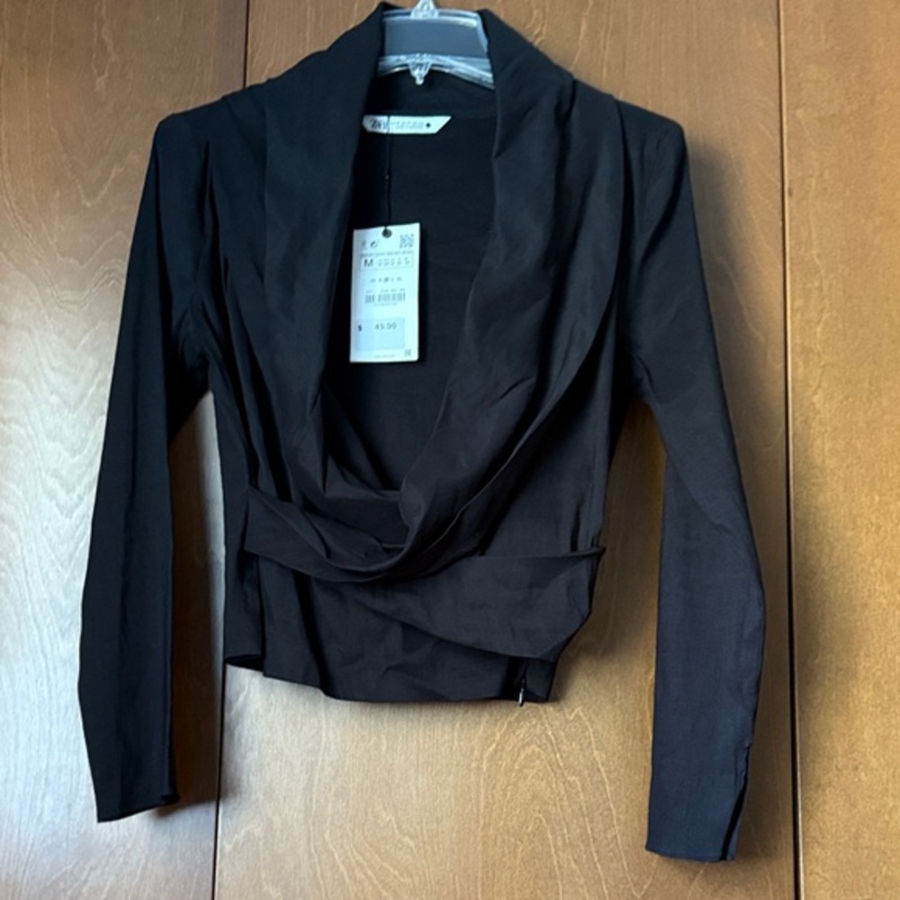 Zara Faux Wrap V Neck, Side Zip Pullover Black Women's  Top NWT Sz Med $49.90